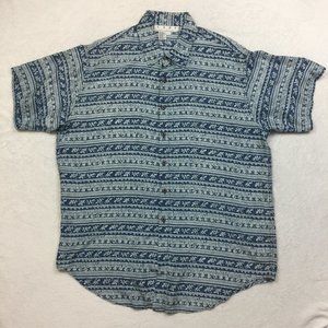 Kazu 100% Silk Shirt Mens Size L Blue & White Striped Leaves Print Short Sleeve